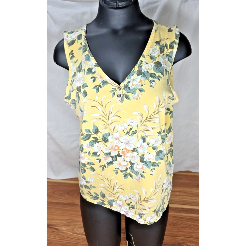 Vintage Gap Henley Floral Cotton Tank Top Women's Size Medium Butter Yellow Y2k